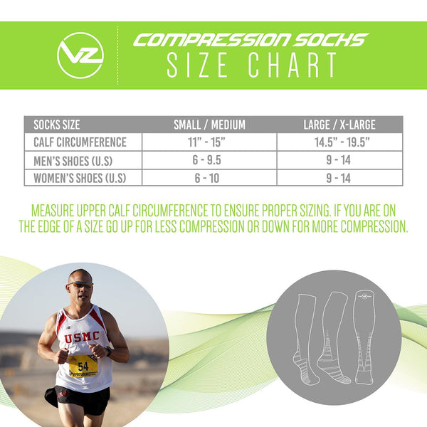 vin zen compression socks sizing chart small/medium and large/xlarge showing a marine running on the pavement