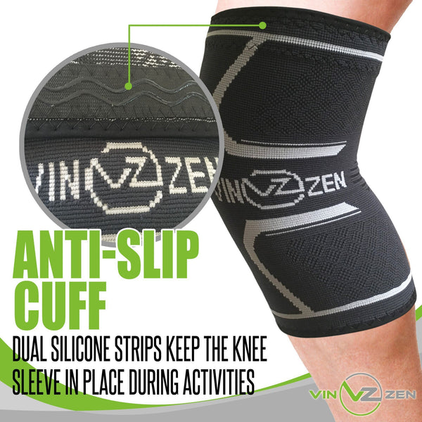 knee compression sleeve support brace with anti slip cuff to help the sleeve stay in place during activity