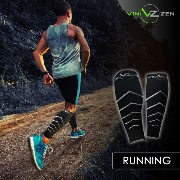 black calf compression sleeves men women running with calf compression socks vin zen logo and a five arrows angled up sizes small medium large xl