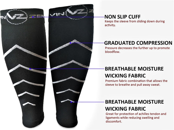 calf compression sleeve benefit non slip cuff at top and bottom graduated compression socks breathable moisture wicking fabric