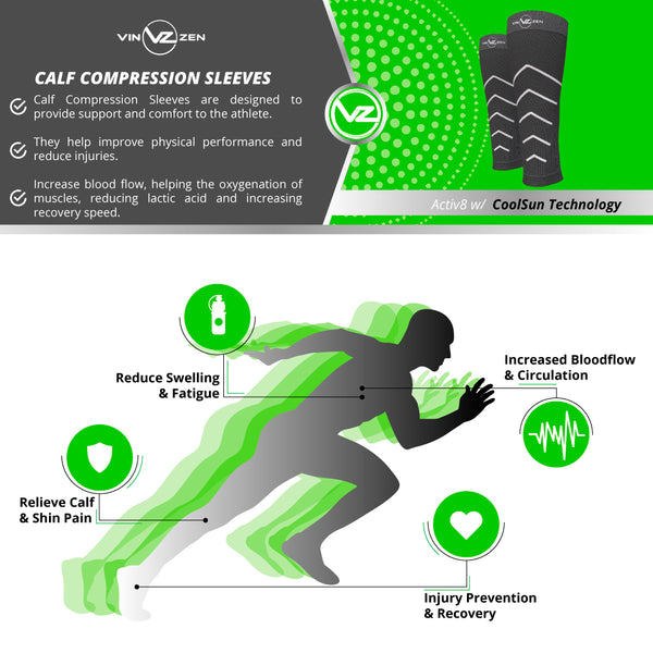 infographic calf compression sleeve black with image of runner and benefits moisture wicking, comfortable fabric 15-22mmhg compression, graduated compression helps with blood flow circulation in the legs and calves