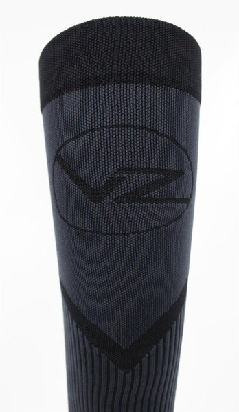 black compression sock with vin zen logo on calf portion of comp sock