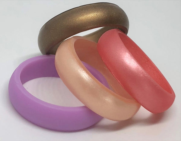 Womens 4 pack silicone wedding rings purple, rose gold, bronze, and peach shimmer